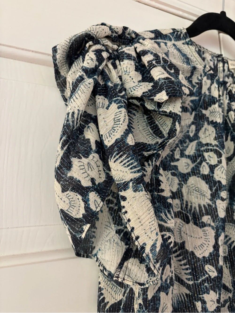 Ulla Johnson‎ Nova Top Indigo Batik Floral Metallic Puff Sleeve Blouse Size 0